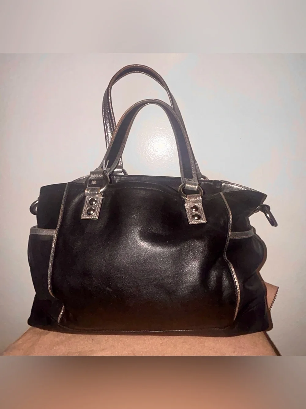 Coach Poppy Black & Silver Metallic Leather Satchel Tote Bag. Y2K!